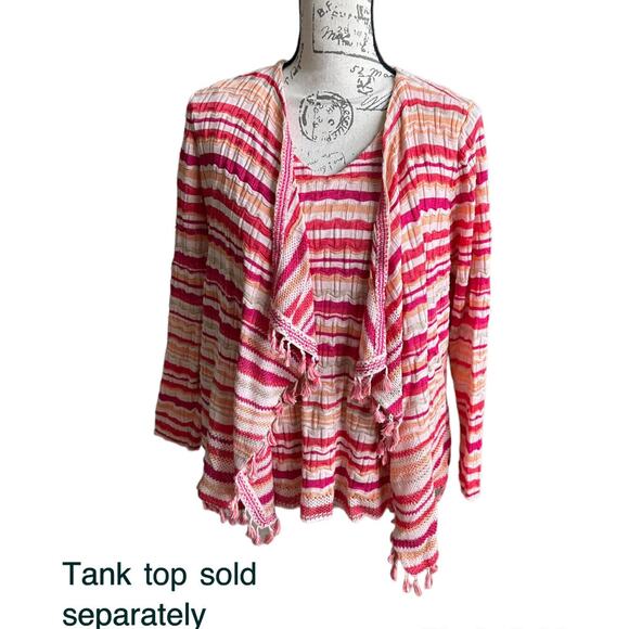 Chico's Pink Orange White Wave Striped Open Cardigan Tassels 1P Medium Petite - Picture 5 of 7